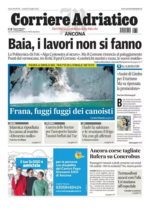 Prima-pagina-corriere adriatico-edizione-di-oggi-15-07-2024